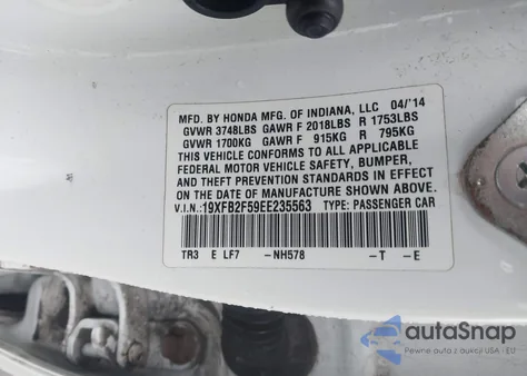 2014 Honda Civic Lx z USA, uszkodzony, nr VIN 19XFB2F59EE235563